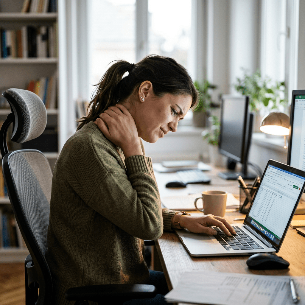 Woman at desk massaging neck in discomfort while working on laptop