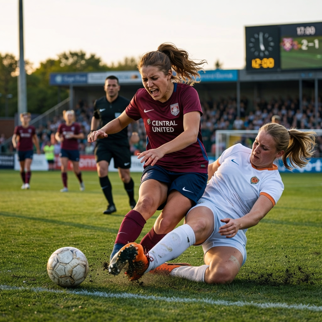Female soccer player in maroon and blue kit chasing a ball on the field