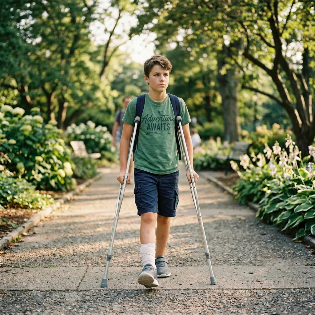 Boy walking with crutches on garden path with bandaged leg
